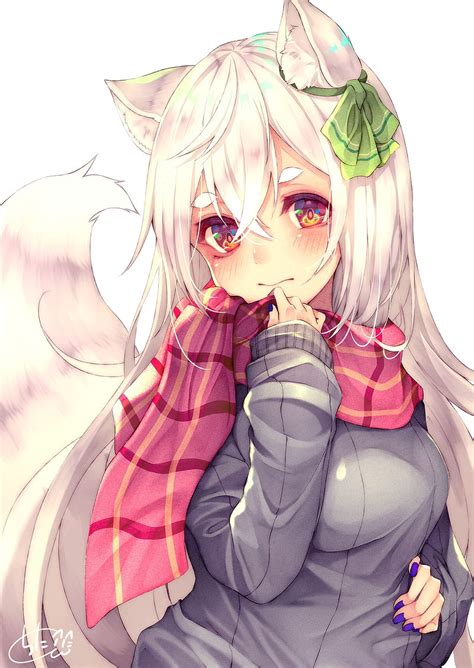 Anime Girl With Short White Hair And Cat Ears