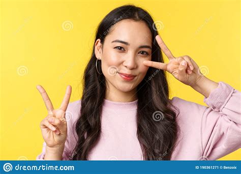 People Emotions Lifestyle Leisure And Beauty Concept Kawaii Pretty Japanese Girl Showing Peace