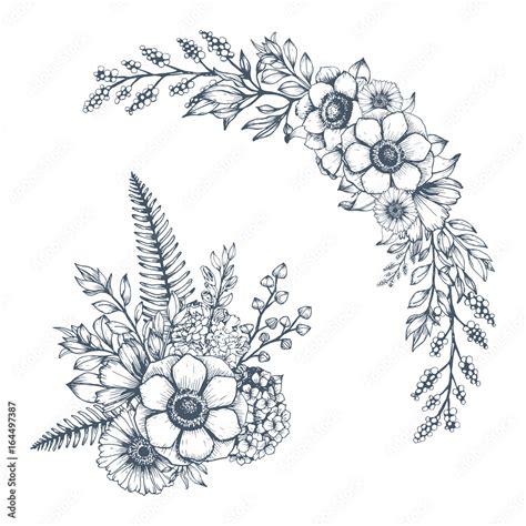 Hand Drawn Flower Border And Bouquet Vector Floral Elements In Sketch
