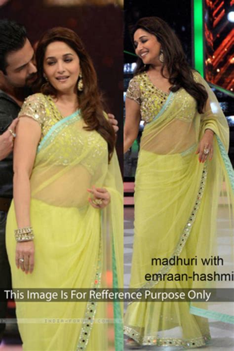 Madhuri Dixit Yellow Embroidered Net Saree With Blouse Jomso 610455