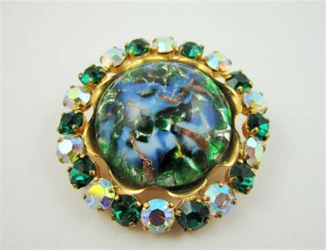 Vintage Foiled Art Glass Pin Rhinestone Glass Brooch Green