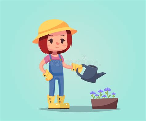 Girl Woman Happy Cartoon Gardener With Watering Can Flower Pot