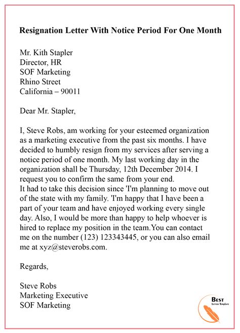 sample resignation letter  notice  notice period