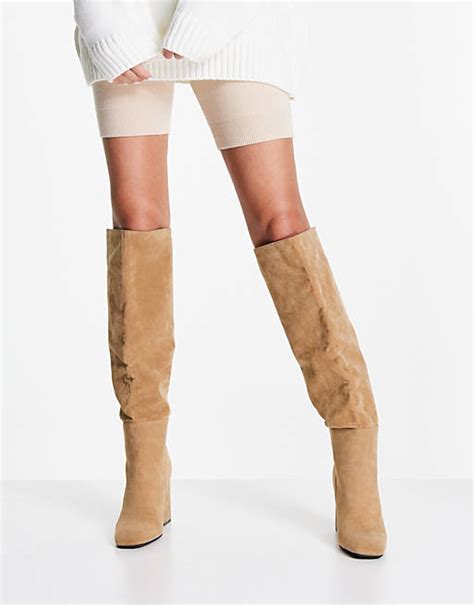 Pimkie Slouchy Over The Knee Faux Suede Boot In Beige Asos