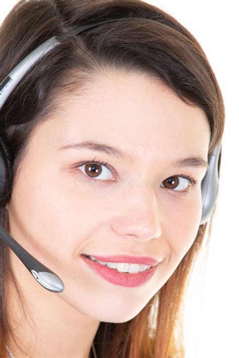 Support Operator Close Up Portrait Call Center Smiling Operator With Phone Headset Stock Photo