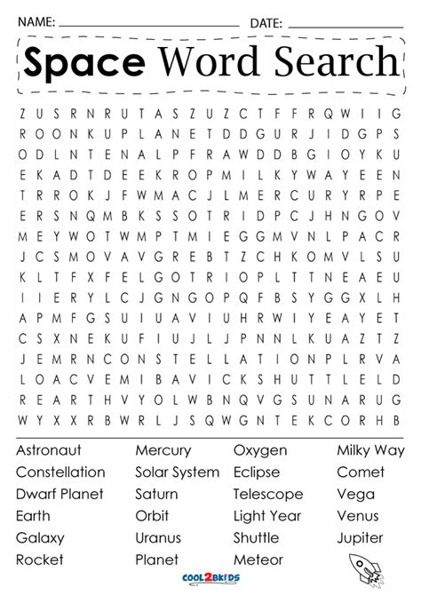 Space Word Search For Kids Printable