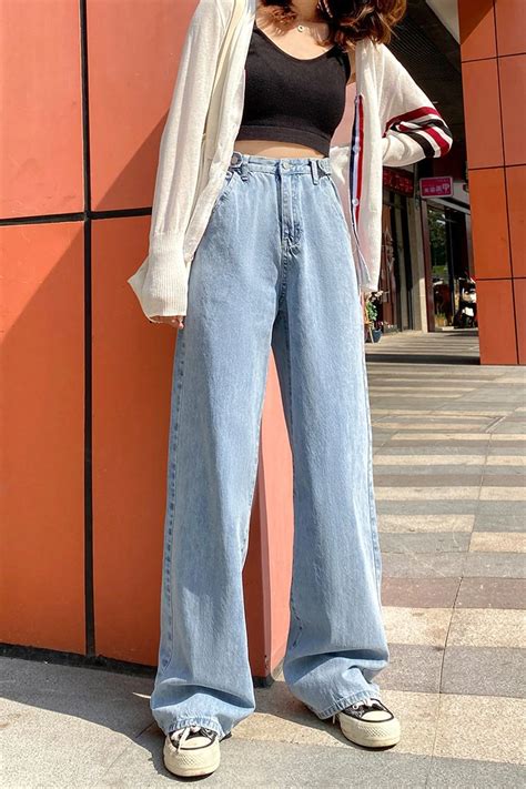 [women] High Waist Wide Leg Denim Jeans Pants Outfit Looks Casual