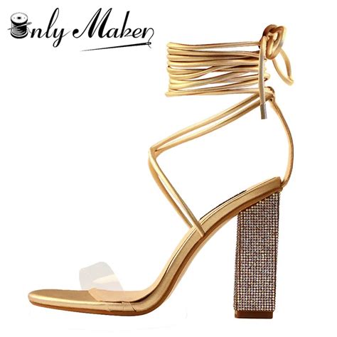 Buy Onlymaker Women S 10cm High Heels Gladiator Ankle Strap Clear Rhinestone