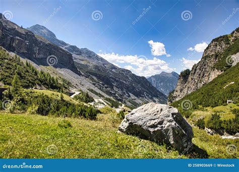 Beautiful Landscape Of Big Rocky Mountains Fields And Forests On A