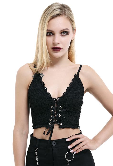Gothic Lace V Neck Vest Gothic Top Outfit Black Lace Up Short Top For Sale