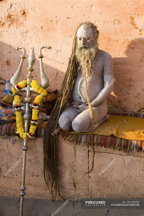 Indian Saint Nagababa Shivdasgiri Meditating On Carpet Varanasi India