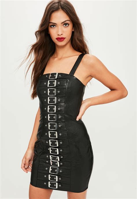 missguided black faux leather buckle detail bodycon dress lyst