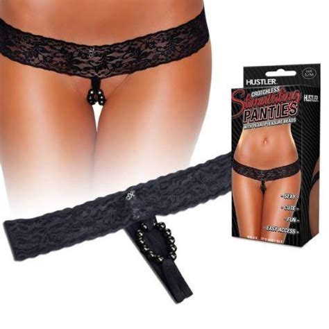 Hustler Crotchless Stimulating Panties With Pearl Beads Black Sm On
