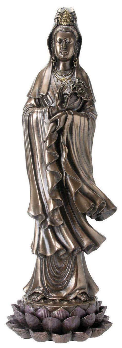 Quan Yin Goddess Of Mercy Compassion Standing On Lotus Bronze Cold Cast