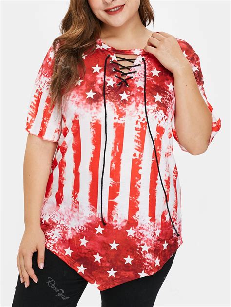 OFF Plus Size American Flag Tee With Lace Up Rosegal