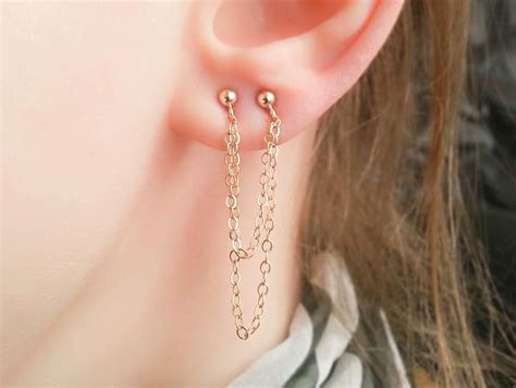 Amazon Com Double Chain Earrings Gold Multiple Studs Set Hole Lobe