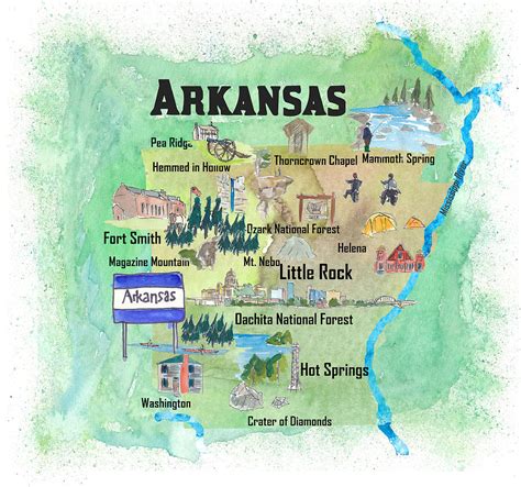 Usa Arkansas State Travel Poster Map With Tourist Highlights Mixed