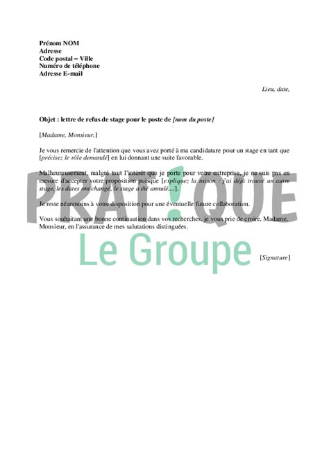 Lettre De Refus Un Stage Par Le Demandeur Pratique Fr