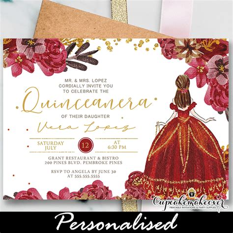 Quinceanera Invitations Spanish Or English Burgundy Red Gold Cupcakemakeover Quinceanera