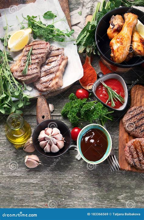 Grilled Meat On Rustic Wooden Table Stock Image Image Of Meal Fresh