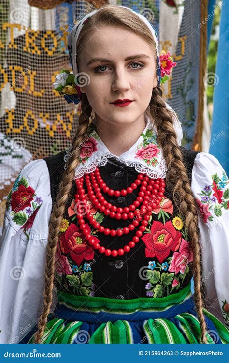 Portrait Of A Woman Dressed In Polish National Folk Dress From Lowicz Region Editorial Stock