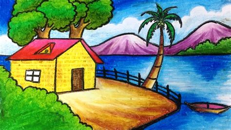 How To Draw A Beach House Scenery With Oil Pastels Scenery Drawing