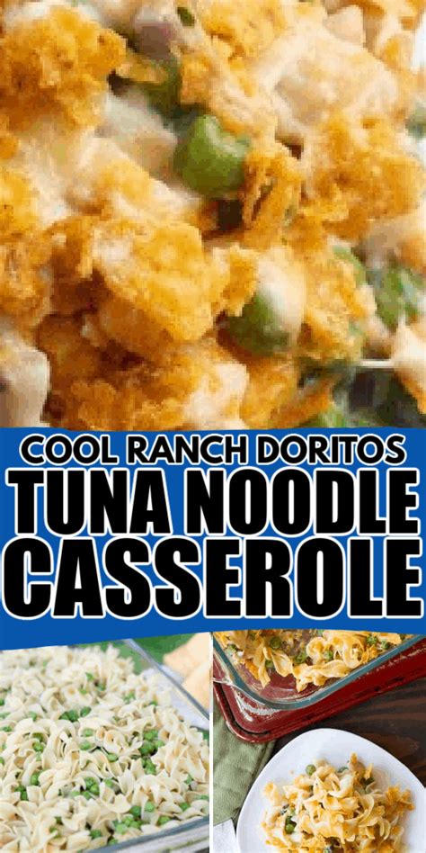 My mom tweaked the original campbells tuna noodle casserole with cream of mushroom soup to suit her taste preferences, resulting in a creamy filling of egg noodles, tuna fish and peas topped with grated cheddar cheese and crushed potato chips. Doritos Cool Ranch Tuna Noodle Casserole has the perfect combination of egg noodles, cream of ...