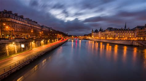 Обои Paris сена дома река огни небо ночь франция париж облака