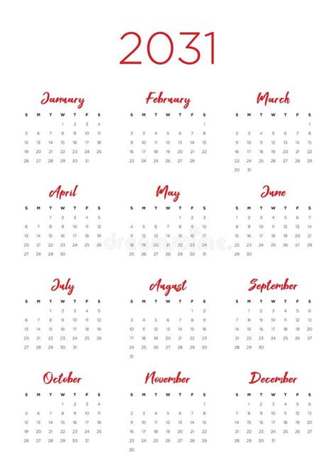 2031 Calendar With The Weeks Start On Monday Stock Vector