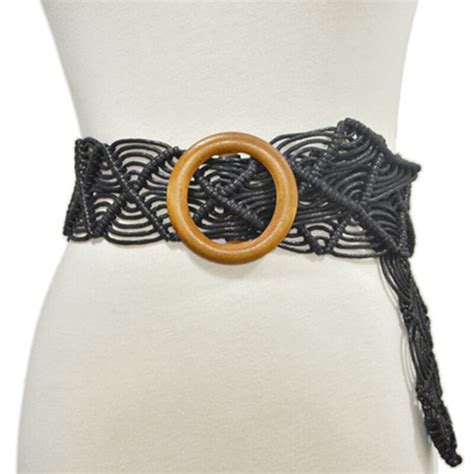 Vintage Wide Bohemian Belts For Women Round Wood Buckle Woven Braided