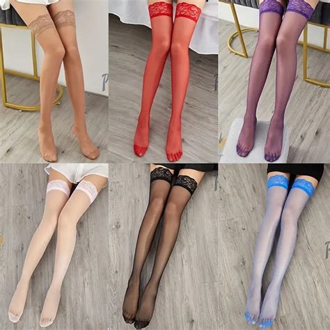 6 Pairs Lace Thigh High Stockings Floral Lace Trim Mesh Over The Knee Socks Womens Stockings