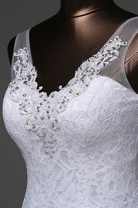 Mermaid V Neck Beaded Sweep Train Lace Wedding Dresses Simibridaldresses