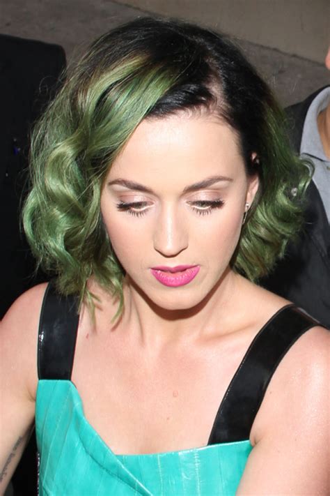 Katy Perry Wavy Green Bob Dark Roots Uneven Color