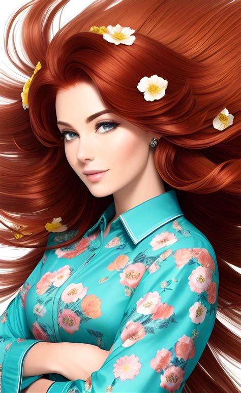a woman with long red hair and flowers in her hair