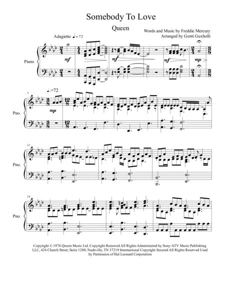 Somebody To Love Piano Solo Music Sheet Download