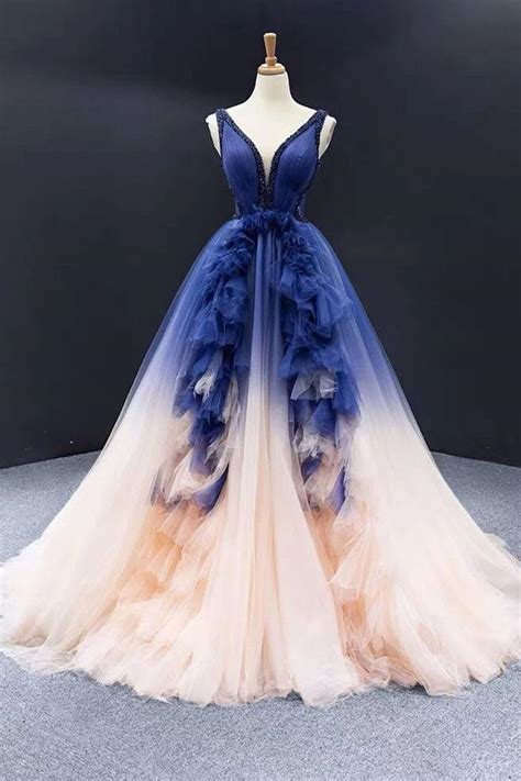 Ball Gown Ombre V Neck Tulle Royal Blue Prom Dress Quinceanera Dress Promdressmeuk