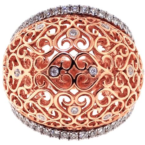 This romantic 14 karat rose gold art deco vintage engagement ring setting design for a round 3/4 carat diamond features graceful filigree openwork. Womens Diamond Filigree Dome Ring 18K Rose Gold 0.81 ct