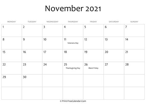 Some are blank, some include holidays. November 2021 Editable Calendar with Holidays