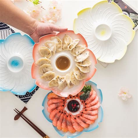 Japanese Style Sakura Dumpling Plate With Vinegar Dish Creative Ceramic