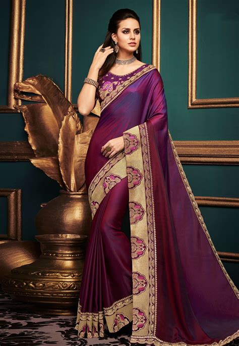 Purple Satin Embroidered Party Wear Saree 10609 Dupion Silk Saree Satin Saree Art Silk Sarees