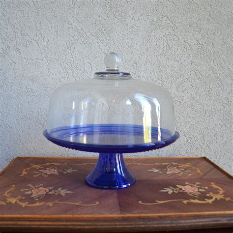 Vintage Cobalt Blue Cake Stand With Dome By By Royalhillvintage