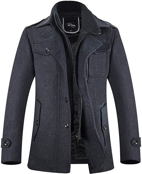 Aptro Mens Wool Pea Coat Single Breasted Jacket Winter Warm Coat