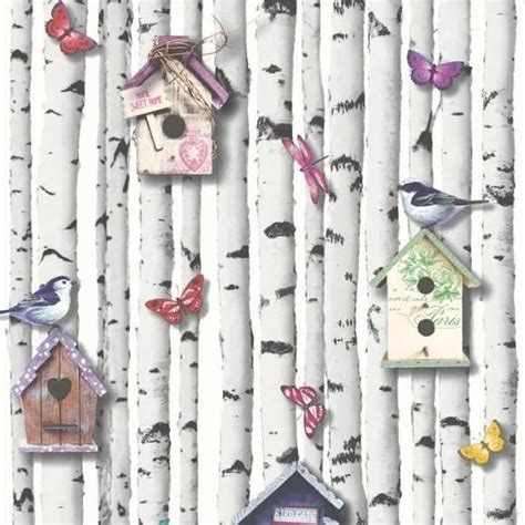 Muriva Bird Box And Butterfly Wallpaper White 102549