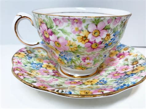Rosina Tea Cup And Saucer Pattern 5005 English Bone China Cups Antique Teacups Floral Chintz