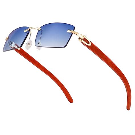 Blue Rectangle Sunglasses Vintage Woodgrain Rimless Gold Frame Mens Womens Cool 90s Hip Hop