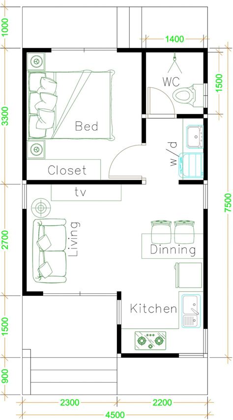 One bedroom never looked so sophisticated. Small House Plans 4.5x7.5 with One Bedroom Gable roof ...