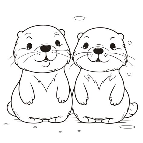 Cute Couple Of Otters Coloring Page Outline Sketch Drawing Vector Sea