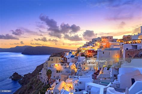 Santorini Sunset At Dawn Village Of Oia Greece High Res Stock Photo