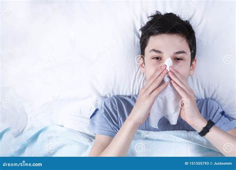 Sick Boy Teenager Caught A Cold Lying In Bed High Temperature Bed