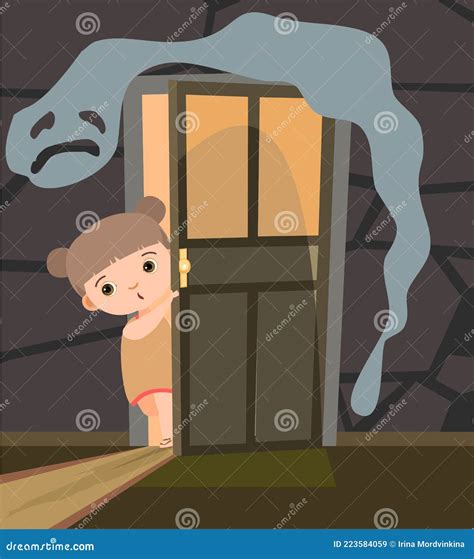 Childhood Fear Girl Looks Into Dark Room Through An Open Door Afraid